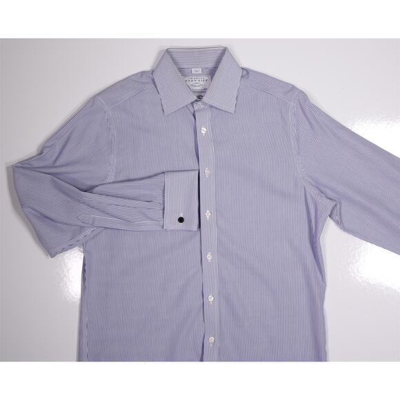 Charles Tyrwhitt Blue White Striped Non Iron Slim Fit Dress Shirt (38) 15-33 - Picture 3 of 7